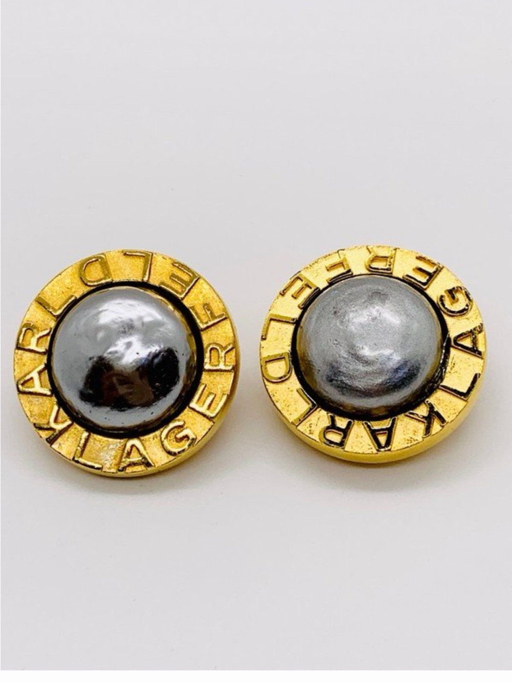 Vintage Karl Lagerfeld Gold & Silver-Tone Logo Dome Clip-Ons. Good to Fair Cond.